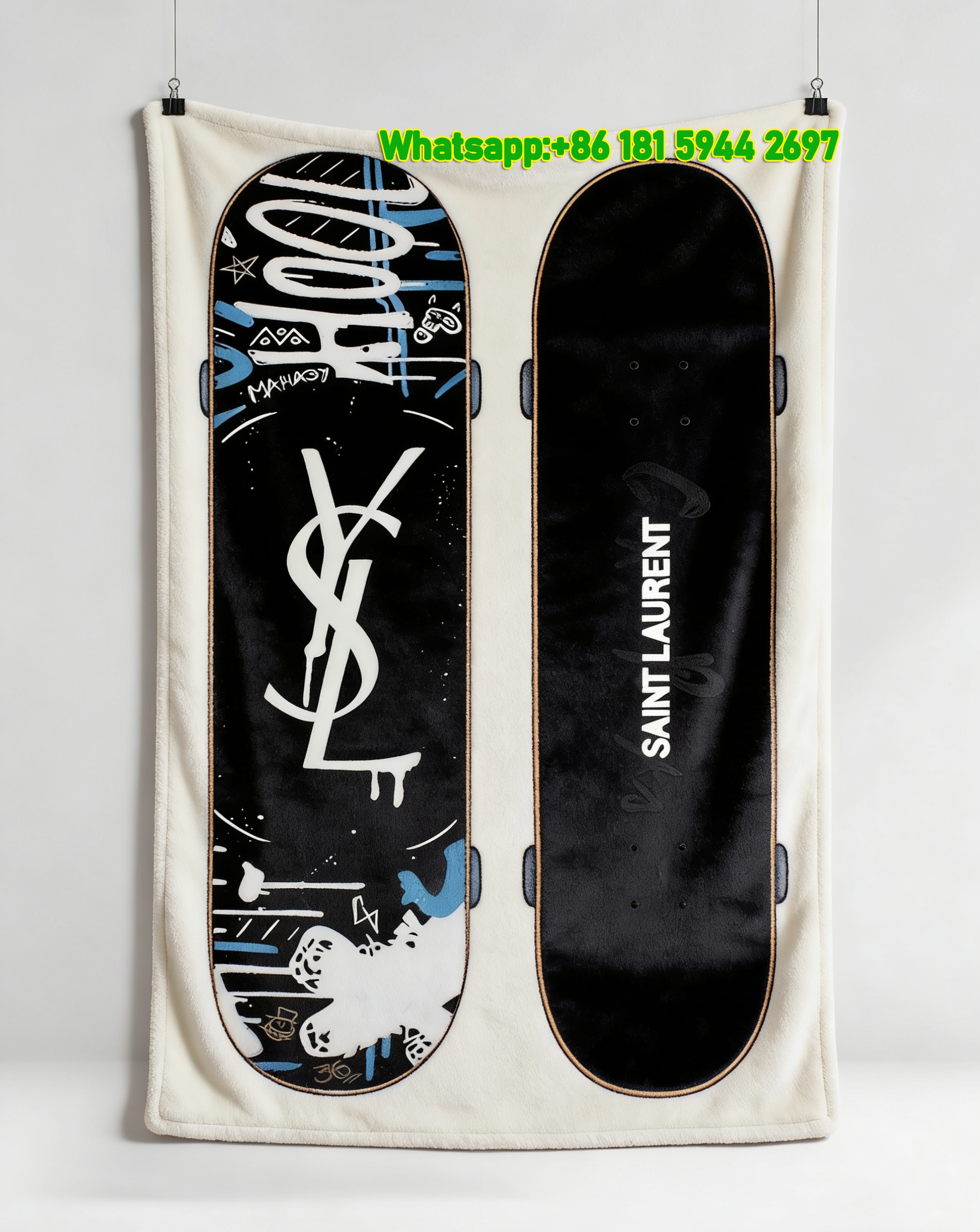 Yves Saint Laurent YSL Black White Blue Graffiti Print Skateboard Inspired Flannel Throw Blanket IMG_3265
